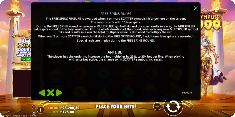 Gates of Olympus 1000 free spins rules ante bet uitleg