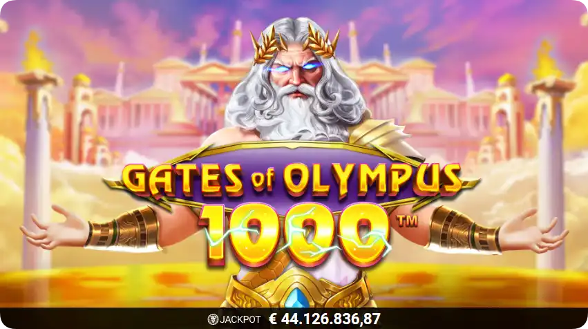 Zeus op de berg Olympus met gouden zuilen - Gates of Olympus 1000 thema en grafisch ontwerp